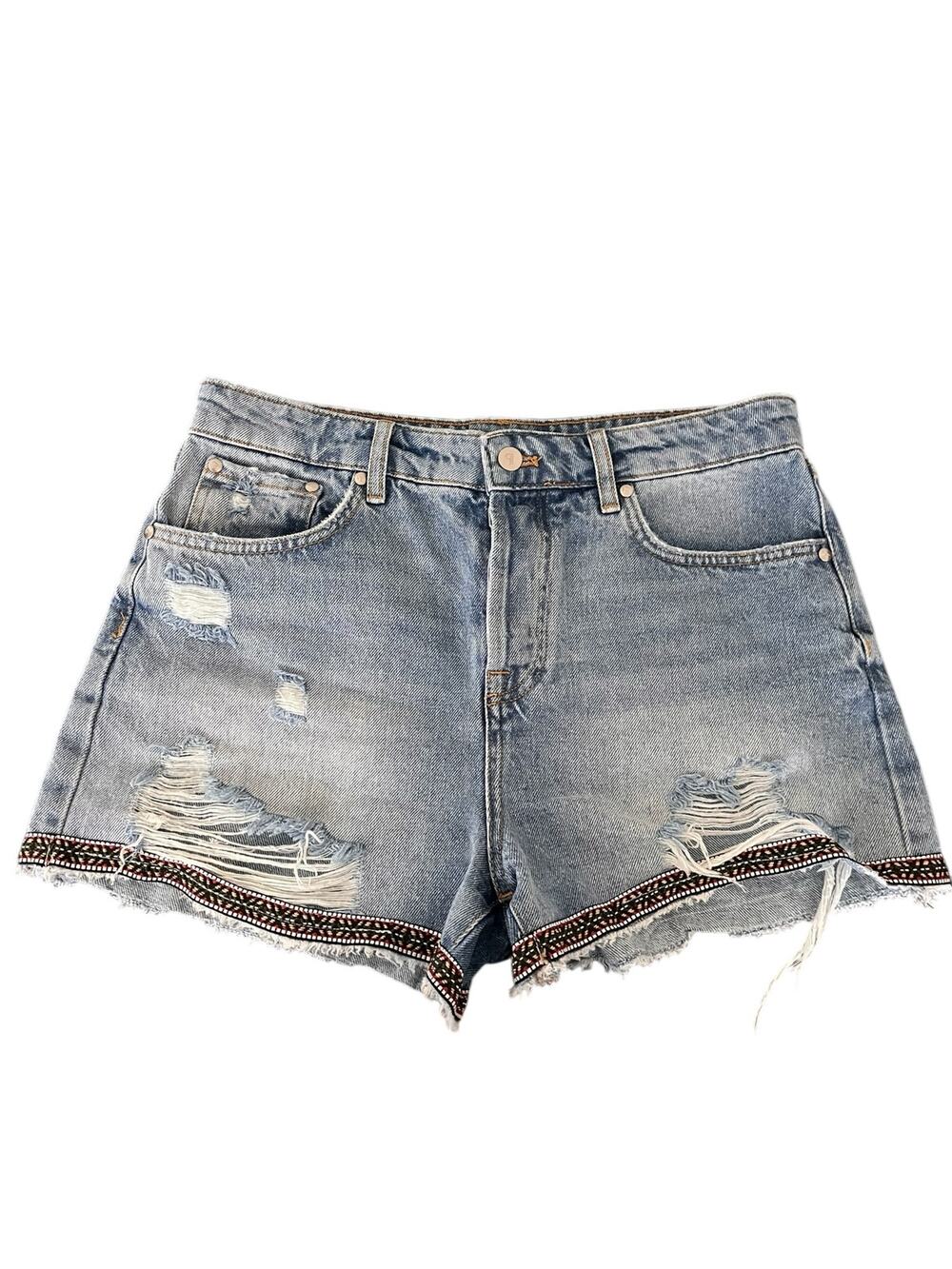 Pilcro Anthropologie Distressed Denim Jean Shorts with Emboidered Hem Size 28